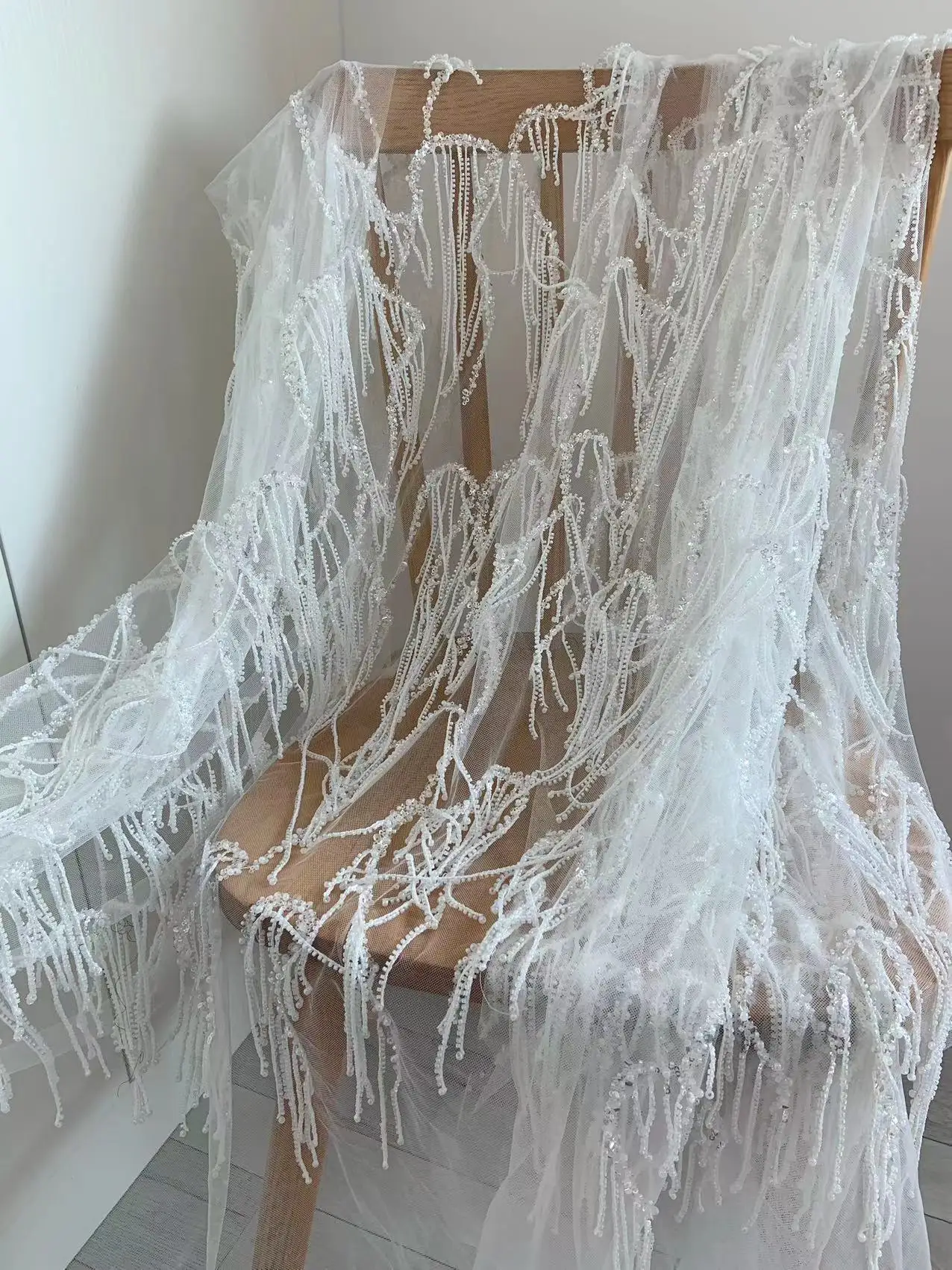 1 Yard Off White Fringe Tassel Lace Fabric Bead Sequins Tulle for Haute Couture,Ball Gown,Wedding Dress,Fancy Clothes