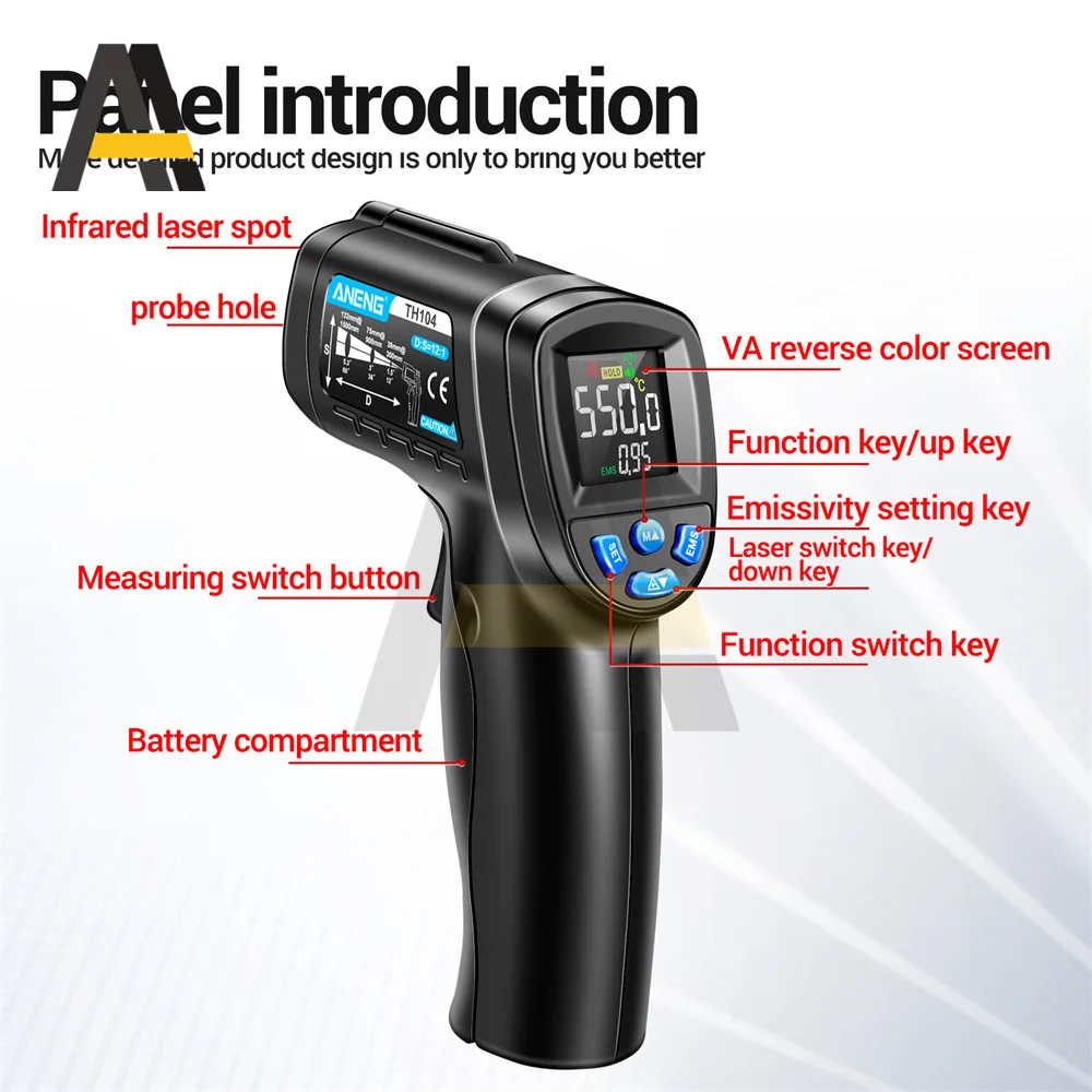 ANENG TH104 مقياس الحرارة بالأشعة تحت الحمراء الرطوبة عدم الاتصال الاستشعار-50 ~ 550 ℃   مسدس درجة الحرارة LCD شاشة عرض بإضاءة خلفية مقياس البيرومتر
