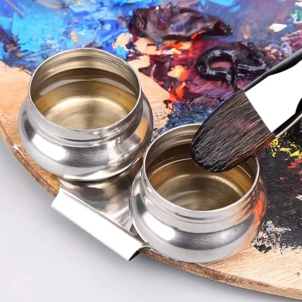 Stainless Steel Painting Oil Pot with Lid Leakproof Watercolor Dipper Professional Single/Double Hole Oil Paint Box Student