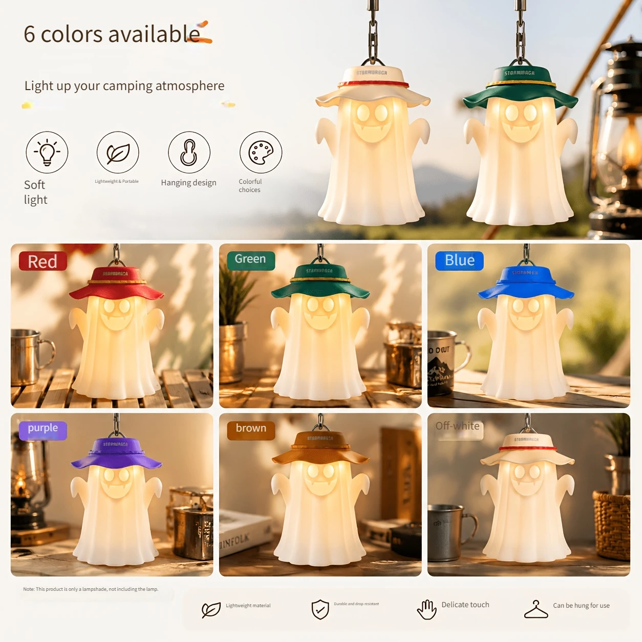Cute Ghost Shape Silicone Camping Lantern Shade, Interchangeable Colored Hats, Compatible with Various Camping Lights