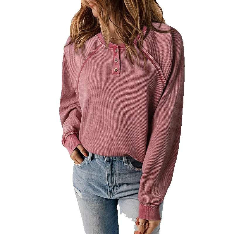 

2023 Autumn New Waffle Knitted Sweatshirt Women's Simple Solid Color Pullover Long Sleeve Women