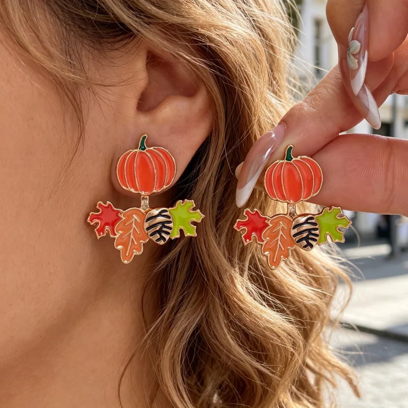 Cute Fall Dangle Stud Earrings for Women Cartoon Fox Pumpkin Maple Leaf Acorn Enamel Drop Earrings Thanksgiving Fashion Jewelry view 3