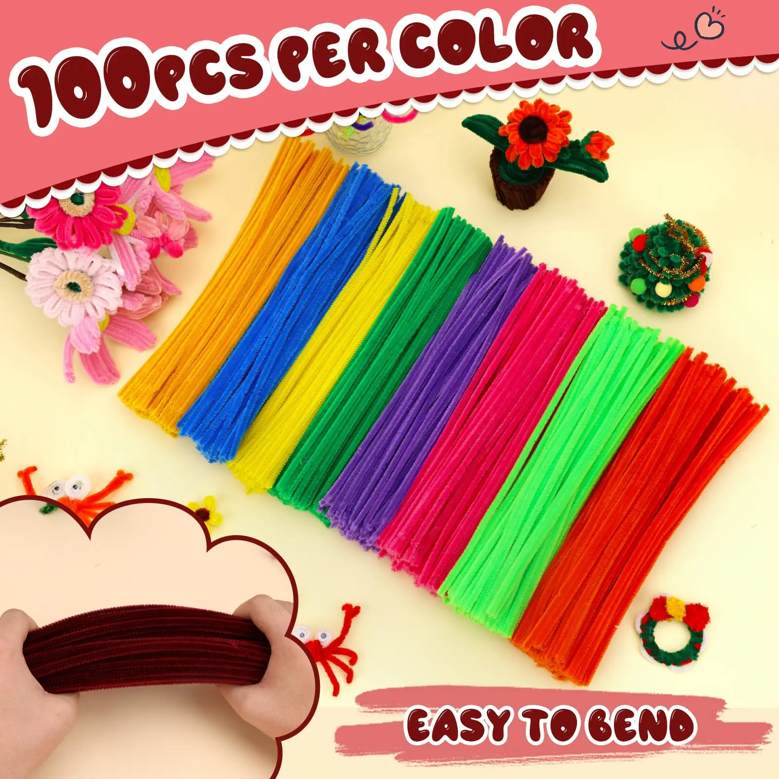 Fenrry 100PCS Christmas Pipe Cleaners Craft Supplies for Hair Pipe Cleaners Bulk Fuzzy Sticks DIY Art and Craft Home Decoration