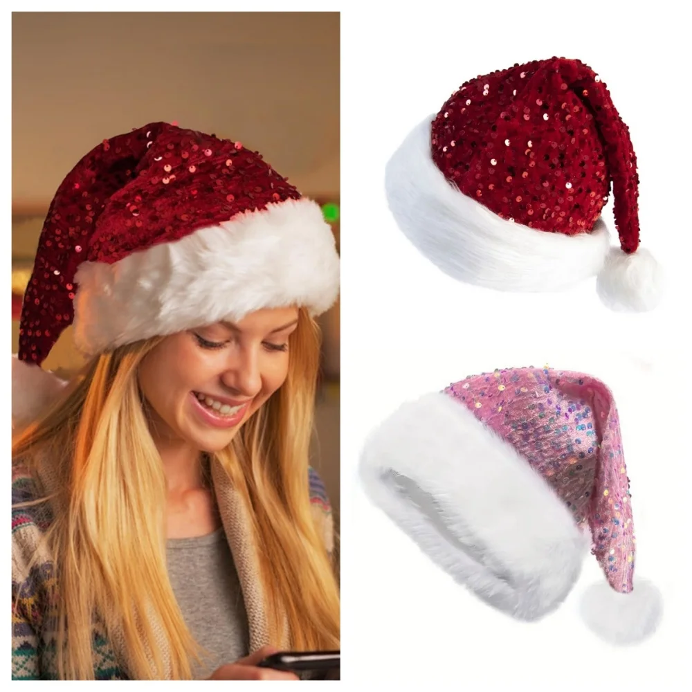 Double-Layer Sequin Christmas Hat Plush Santa Claus Hat with Long Fluffy Pompom Adults and Kids 2024 Christmas Party Decoration