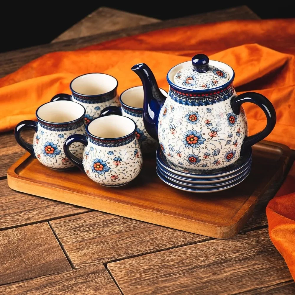 

7.2oz Tea Cup and Sauce Set of 4 Polish Pottery Style Porcelain Ceramic 10 Piece Tea Set 28.2oz Teapot and 1wooden Tray Cups Bar