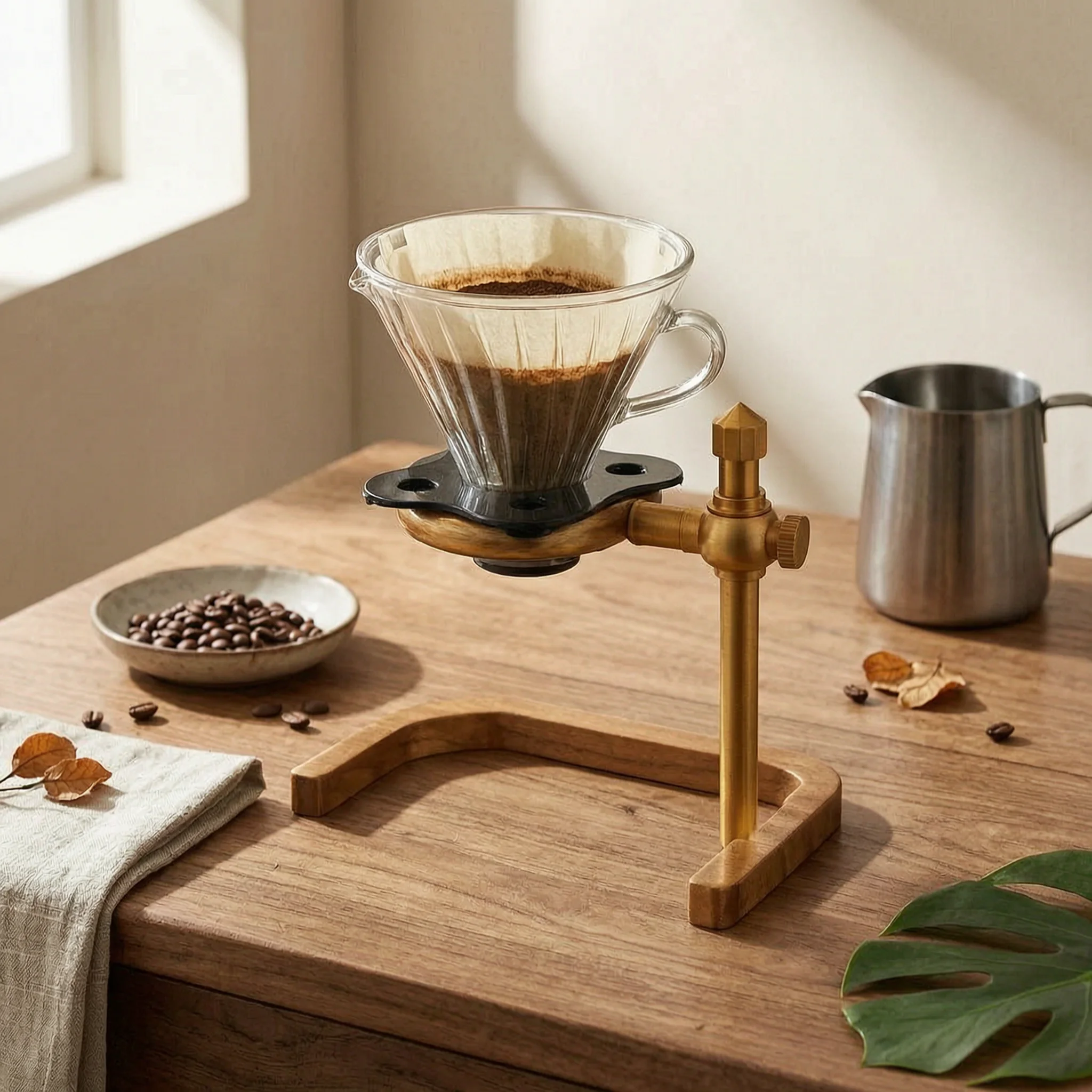 

Manual Coffee Dripper Stand Solid Wood Pour over Stand Wooden Coffee Dripper Holder Textured Collar Kitchen Tool Adjustable