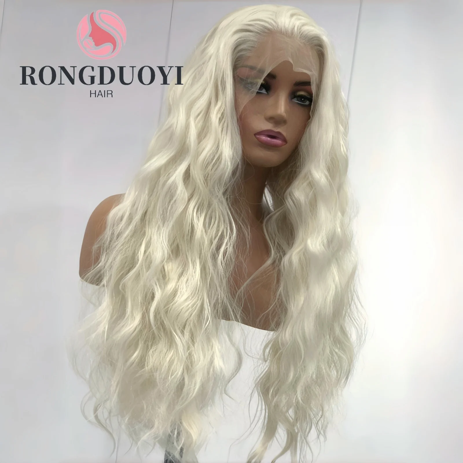 Platinum Blonde Long Curly Synthetic Lace Front Wig Natural Wavy Deep Wave White Blond Colored Hair 13X4 Frontal Wigs for Women