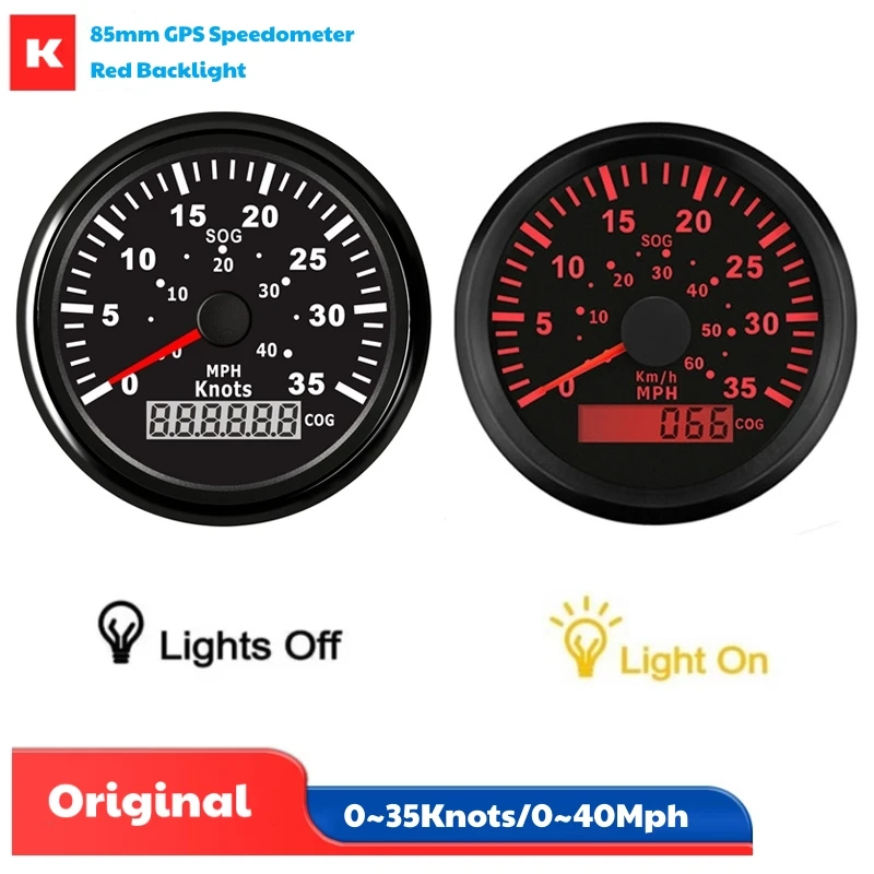 Boat Yacht Vessel Use 85mm 0-35Knots Show GPS Speedometers Sog 0-40MPH Speed Indicators Gauges with GPS Antenna & Red Backlight