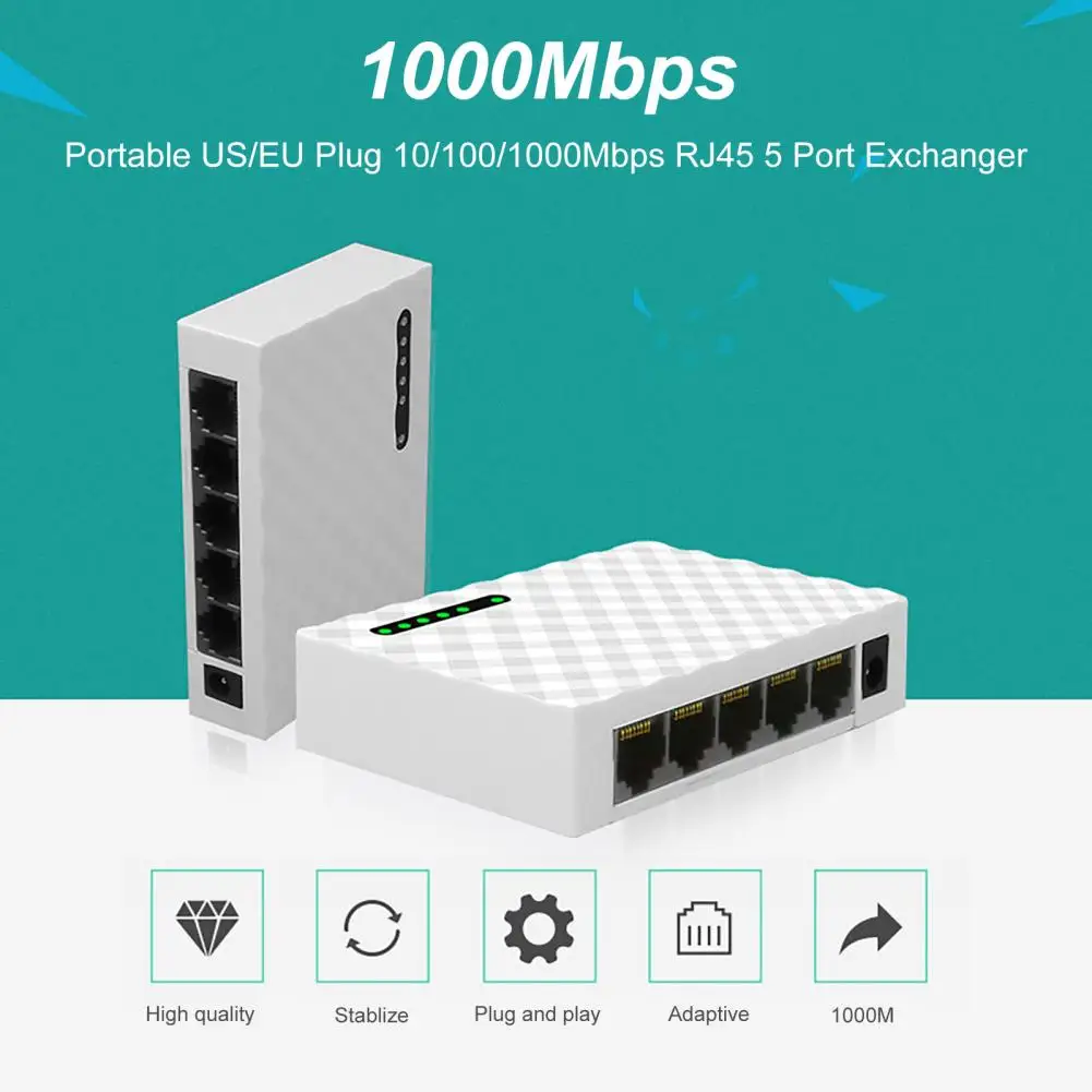 Switch Splitter Stable Output 5 Port Ethernet 10/100/1000Mbps RJ45 Ethernet Adapter Hub Stable Network Hub US/EU Plug
