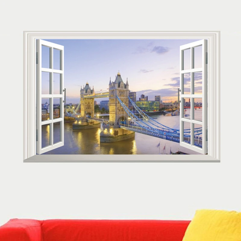 London Tower Bridge Night View Mural Fake 3D Room Window Vinyl Wall Stickers Home Decorations Riverside City Poster Wallpaper