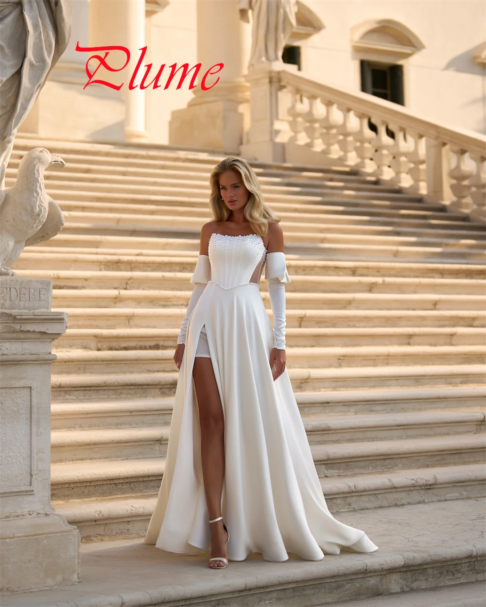 Customized White Satin Wedding Dress Exquisite Strapless Detachable Sleeve Bridal Party Classic Zipper Back Vestido De Novia