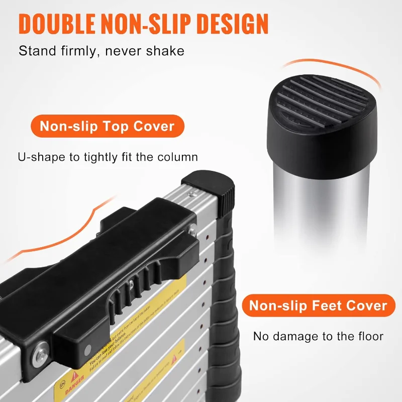 VEVOR Telescoping Ladder, 12.5 FT Aluminum One-button Retraction Collapsible Extension Ladder, 375 LBS Capacity with Non-slip