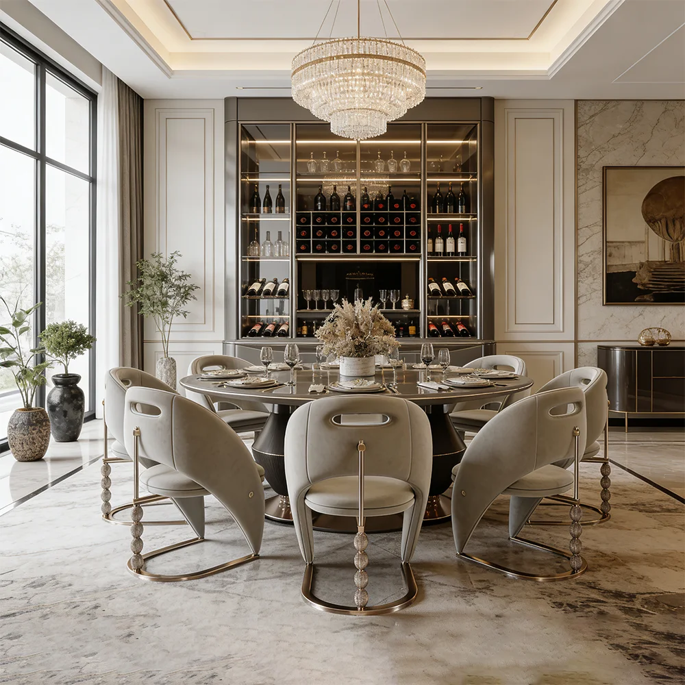 #Modern Luxury Round Dining Room Set: Plush Velvet Upholstered Chairs & Stylish Round Table With Metal Accents