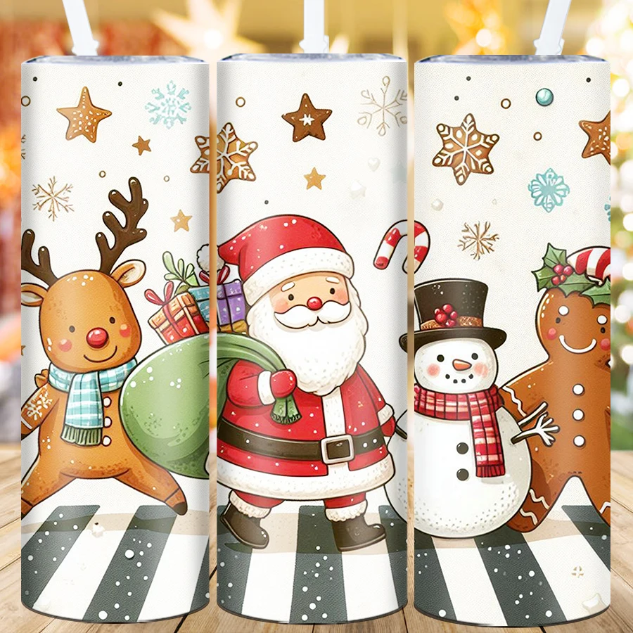 20oz Christmas Party Tumblers Straw Lid Stainless Steel Double Wall Water Bottle 3D Print Xmas Reindeer Santa Mugs Birthday Gift