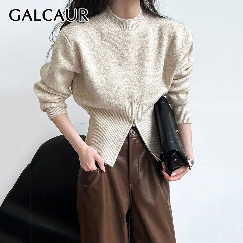 

GALCAUR Solid Loose Pullover for Women Half High Neck Long Sleeve Patchwork Zipper Knitting Sweater Female Fashion Clothing New