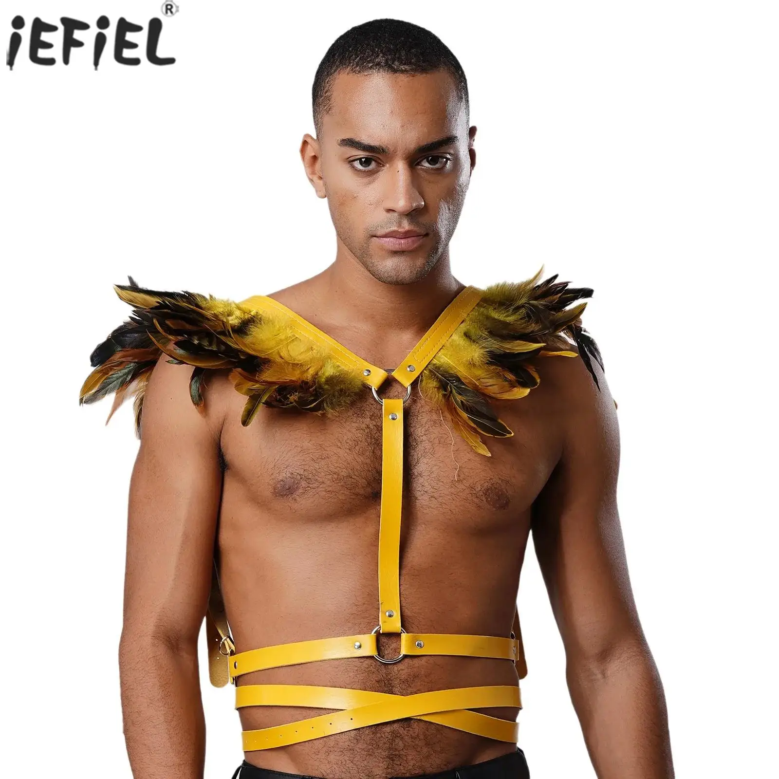 

Men Women Gothic Body Belt Feather Shoulder Shrugs Adjustable Faux Leather Chest Harness Body Jewelry for Cosplay Accessory