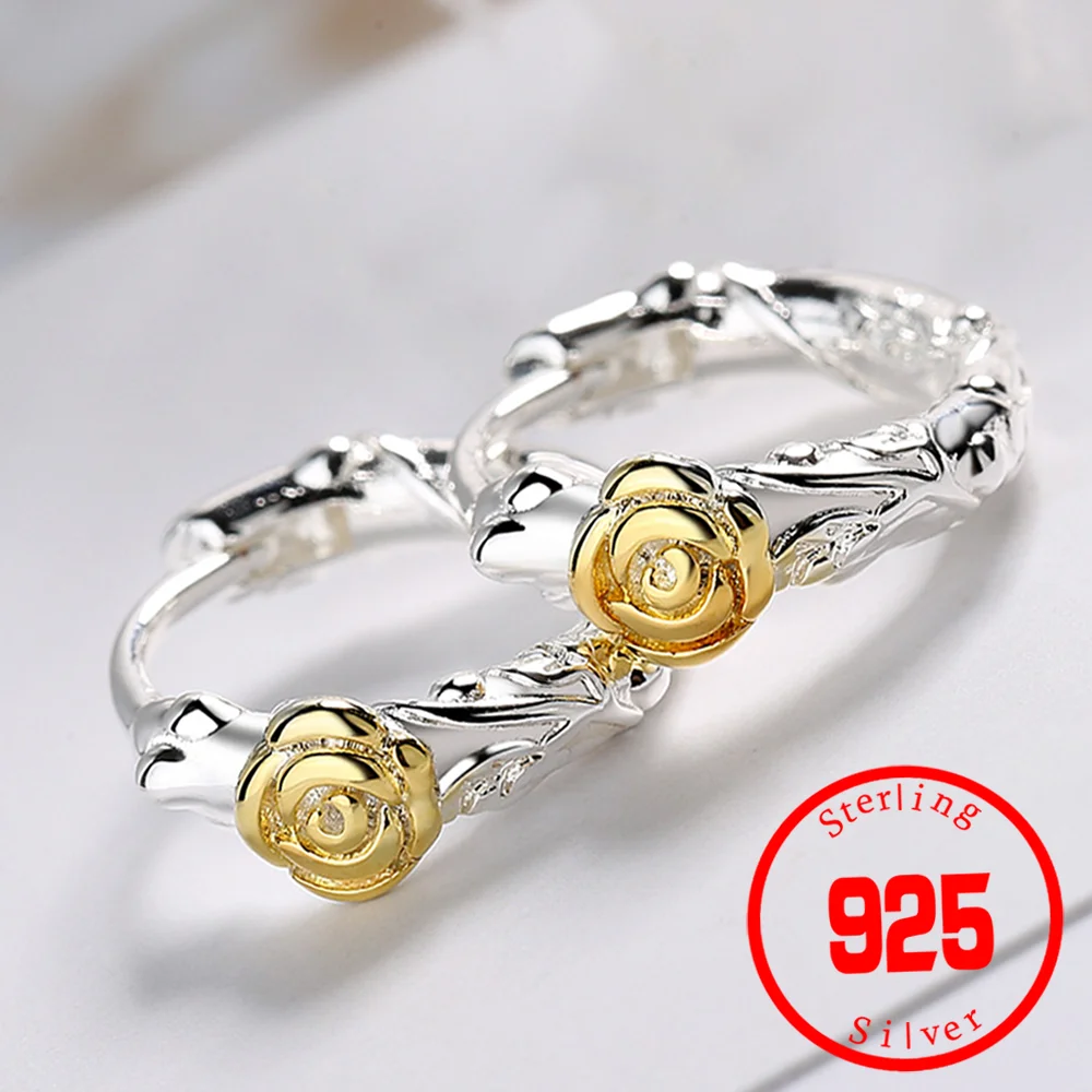 

Fashion Creativity Gold Rose Hoops Girl Ear Jewelry Stamp 925 Sterling Silver Earrings For Women Engagement Accessories Gifts