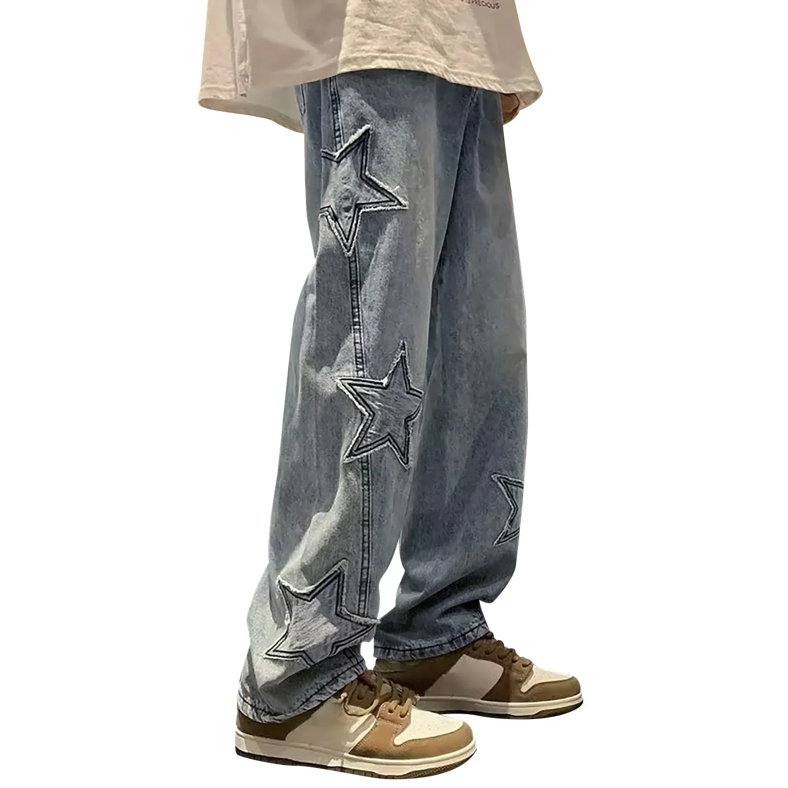 Pantalones vaqueros rectos con bordado de estrellas Y2K para hombre, pantalón de pierna ancha, informal, holgado, ropa de calle, vaqueros de gran tamaño de Hip Hop, moda 2024