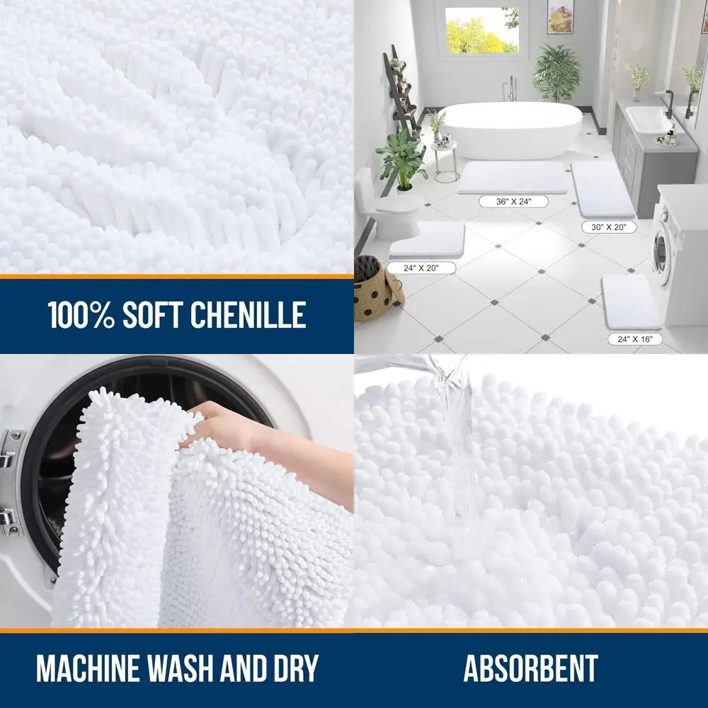 

Мягкие коврики для ванной из шенилла 40x24 см с резиновой подложкой для быстрого высыхания, можно стирать в машине, белые
