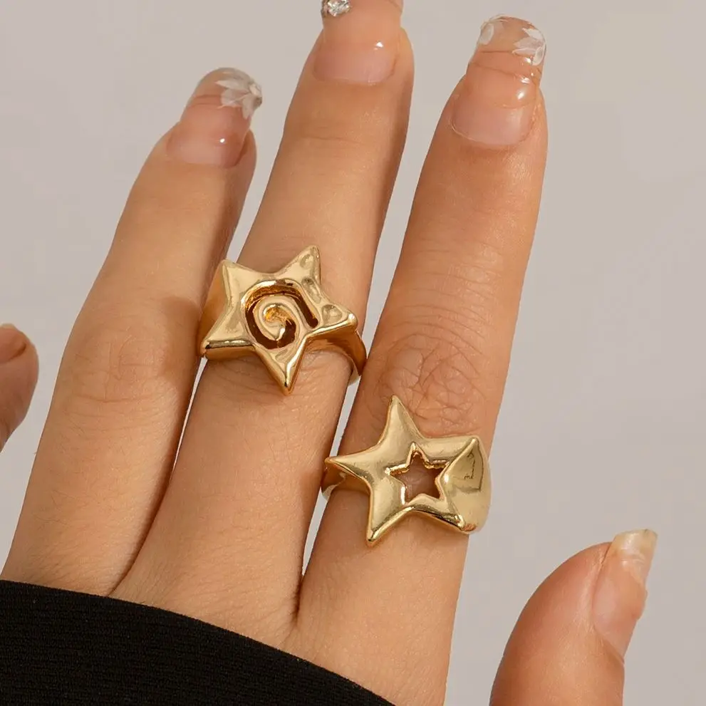 

Lacteo Vintage Hollow Stars Ring Sets Trendy Adjustable Opening Rings Couple Gifts Punk Fashion Engagement Hip Hop Party Jewelry