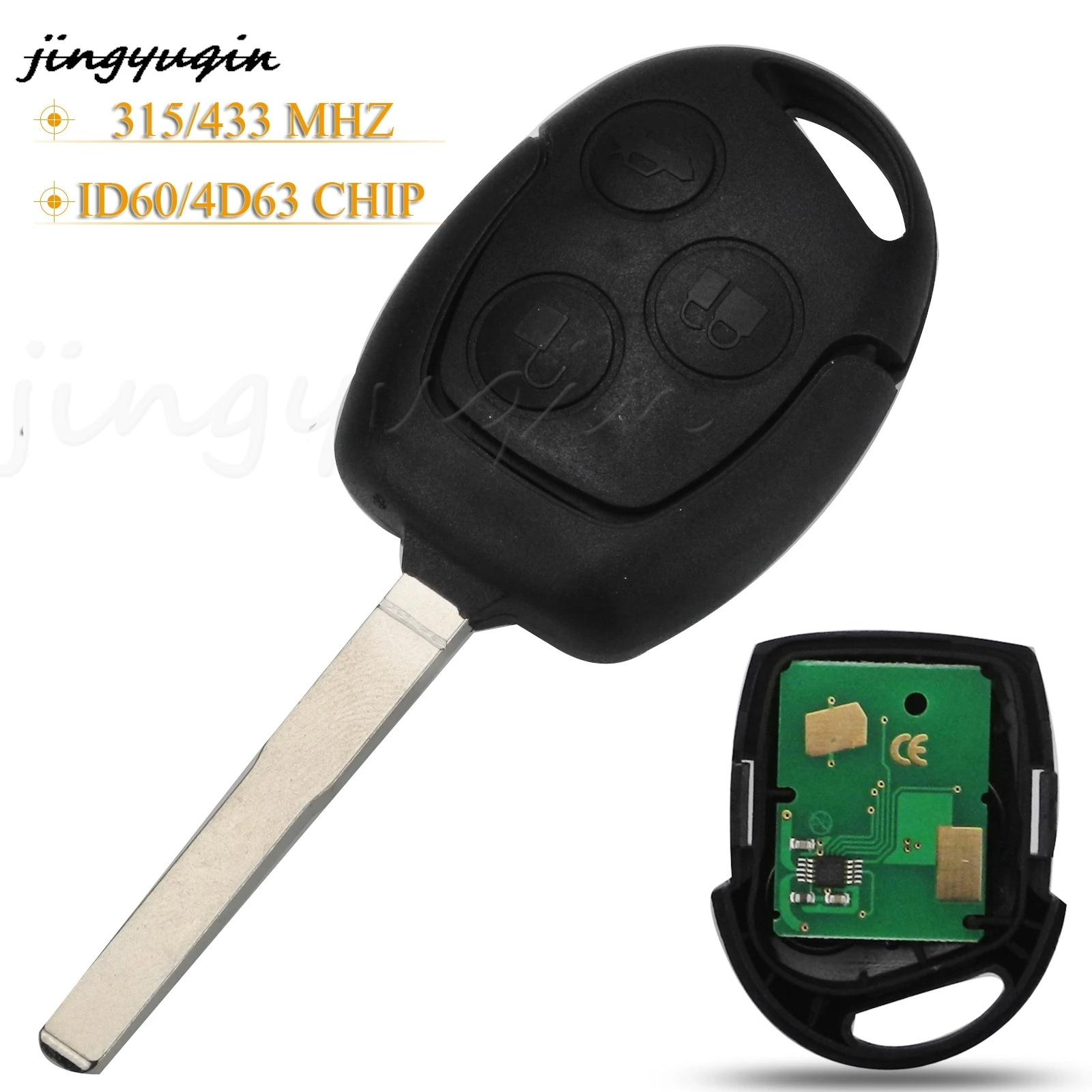 

jingyuqin 3 Buttons Remote Car Key Fob 433Mhz ID60 4D63 Chip For Ford Focus Fiesta Fusion C-Max Mondeo Galaxy C-Max S-Max