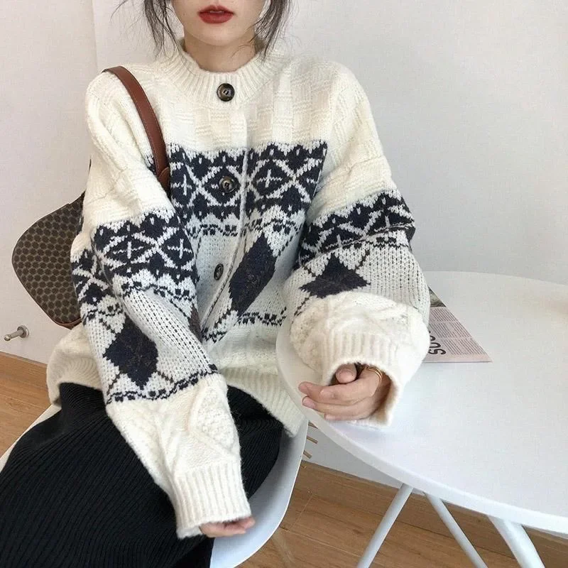 Knitted Cardigan Women New Autumn Winter Sweaters Loose Korean Style Single Breasted Contrast Color All-match Long Sleeve Tops