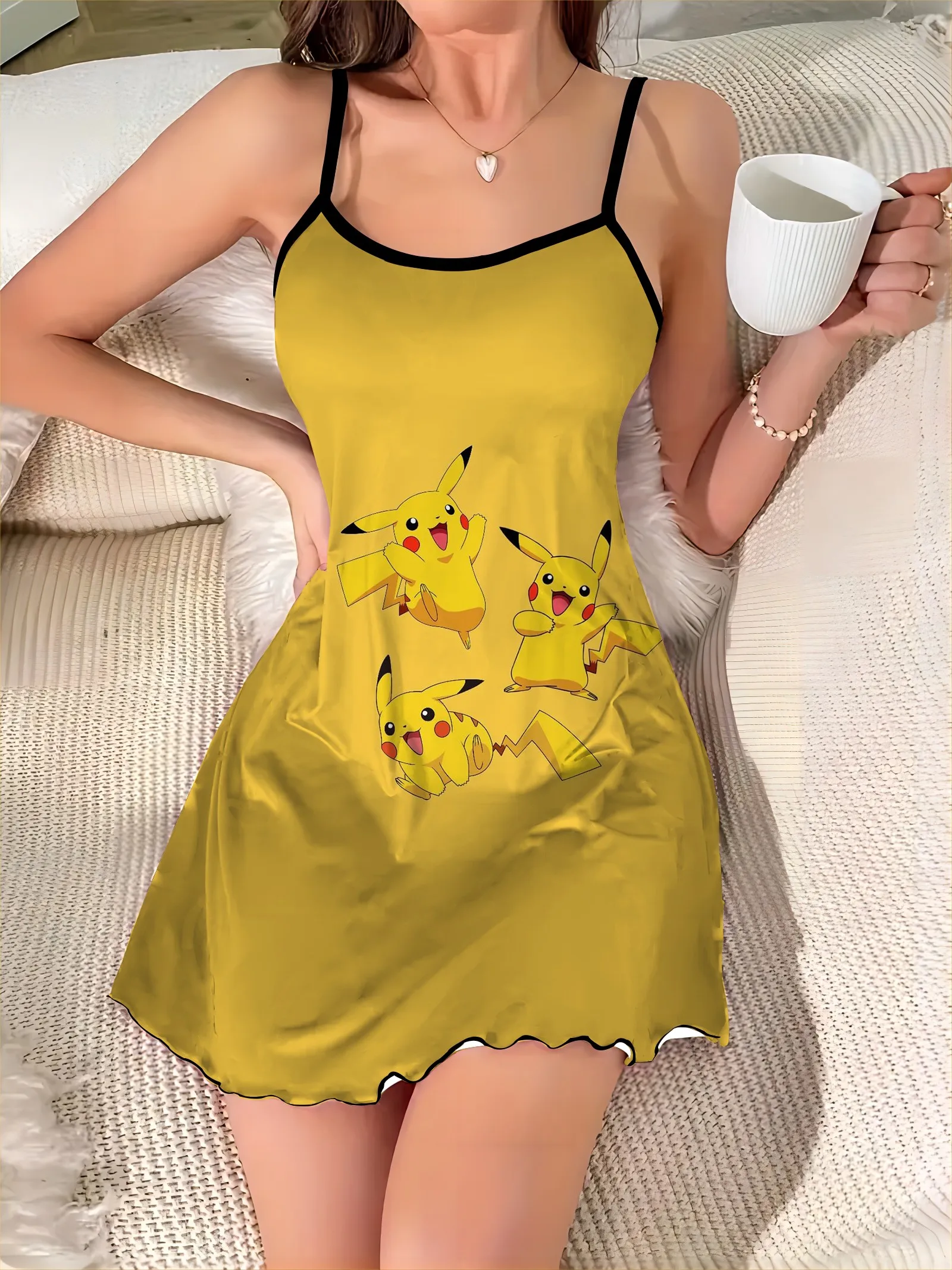 Satin Surface Fashion Summer Dresses 2024 Lettuce Trim Pajama Skirt Crew Neck Slip Dress Pokémon Pikachu Elegant Women Mini Sexy