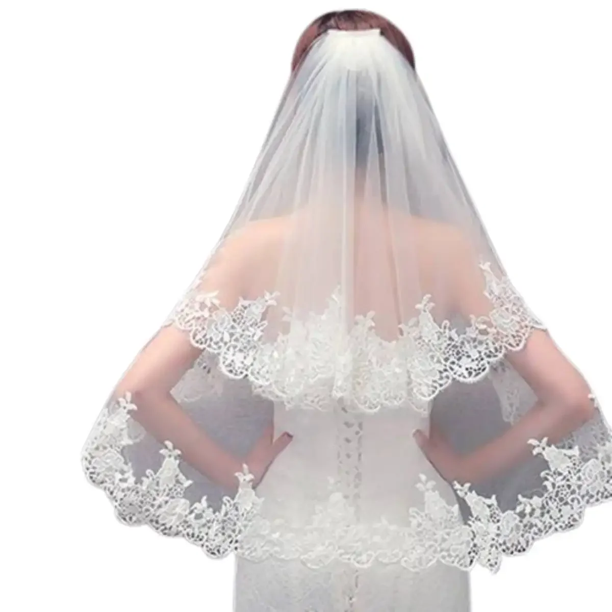 

Wedding Veil with Comb Short Length Two Layers Lace Edge Ivory or White