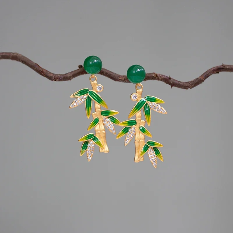 

Exquisite enamel vintage Chinese style Eardrop natural Hetian jade green bamboo earrings for women leaves Hanfu jewelry