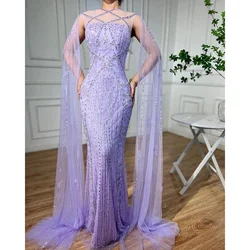 Luxury Elegant Mermaid Trumpet Woman Formal Wedding Guest Evening Prom Dresses Beading Sequined Cape Sleeves