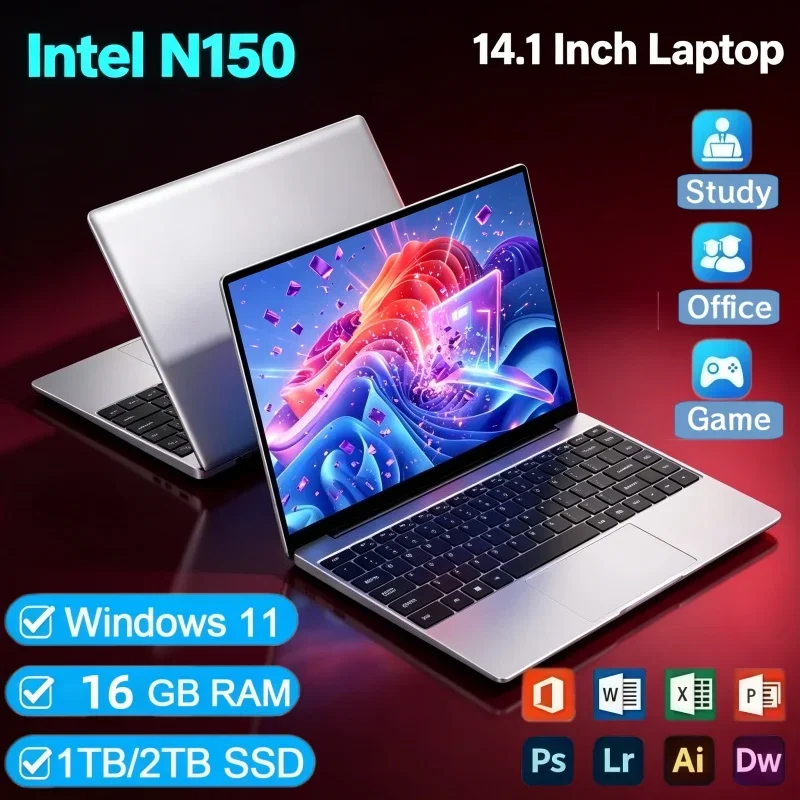 Hot 14.1'' Ultra Slim Budget Laptop Intel N150 32GB RAM 2TB SSD Windows 11 Office Study Home Gaming Notebook