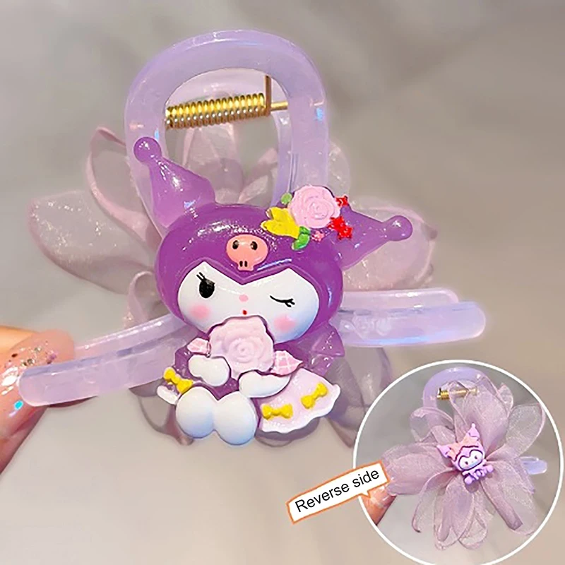 Juego de pinzas para el pelo Sanrio Kuromi, accesorios para el cabello morados de dibujos animados, lazo Kawaii, cinta de seda, flequillo, horquilla, regalo para niña