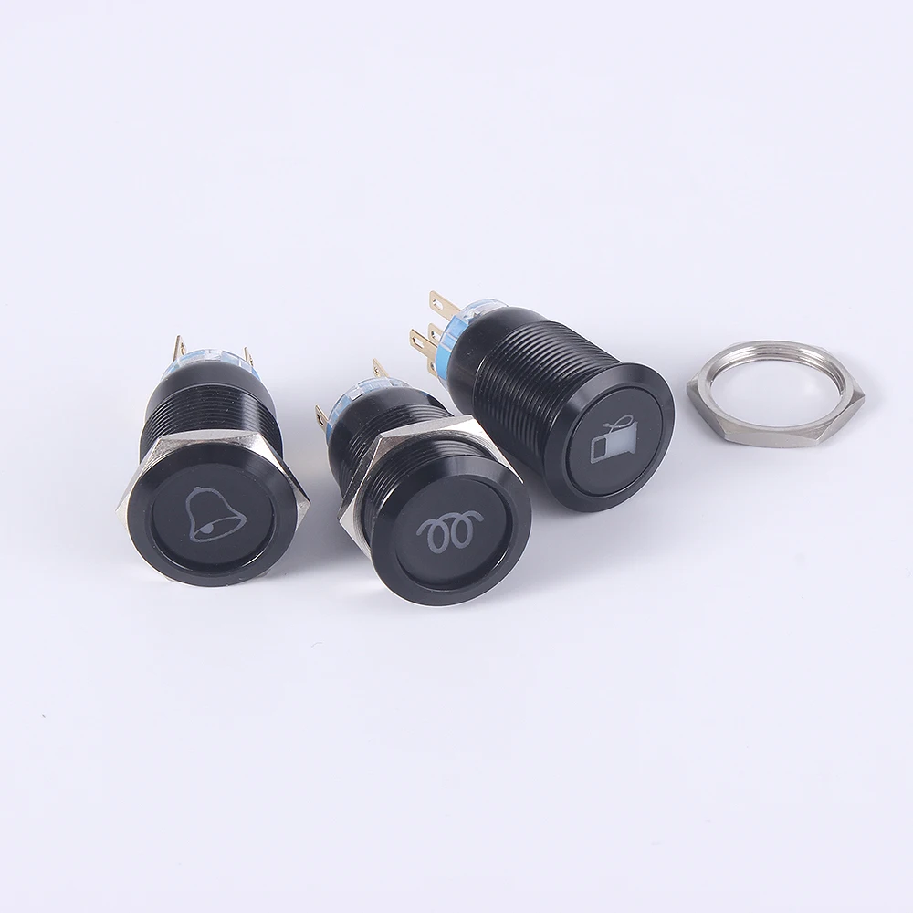 19mm Customization Button Switch Latching Momentary Metal Black Oxide Push Button Ring Lamp Flat Round Fans Light 3A
