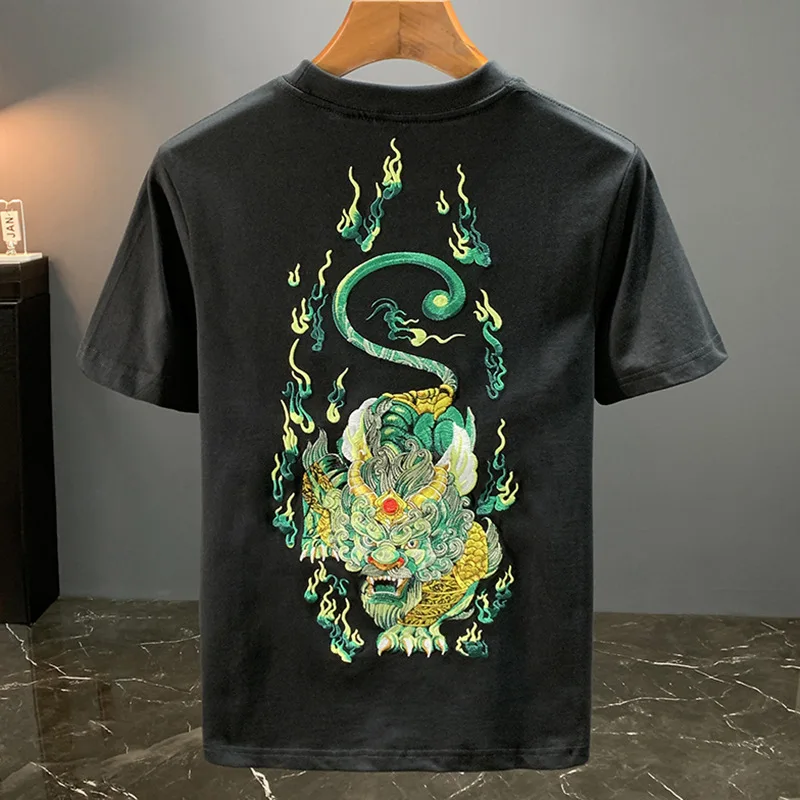 Handsome Embroidered Printed T-shirt for Men's Summer Slim fit Half Sleeve Fashion Chinese Style Casual Round Neck High end Top