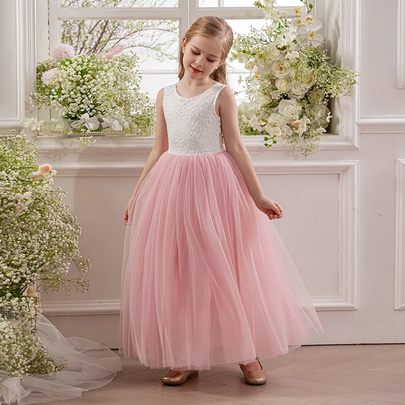 فستان الأميرة من التول المطرز بالدانتيل على شكل حرف V من الخلف للأطفال وحفلات أعياد الميلاد وحفلات الزفاف وحفلات التخرج الأولى