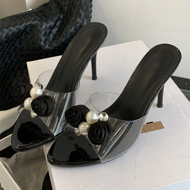 Romantic Rose Pearl Stiletto Mules,Clear Strap Open Toe Slip‑On Sandals for Women,Thin Heels for Wedding,Date Night Evening Wear