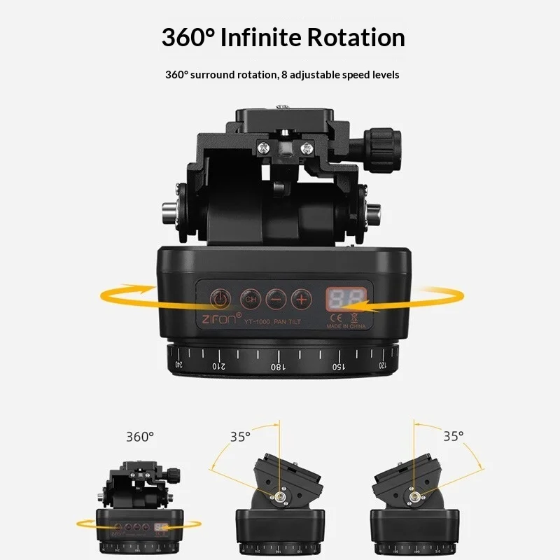 10H Battery Motorized Pan Tilt YT-1000, 360° Rotation & 2.4G Remote, 1KG Load 8-Speed for Camera Phone Vlog