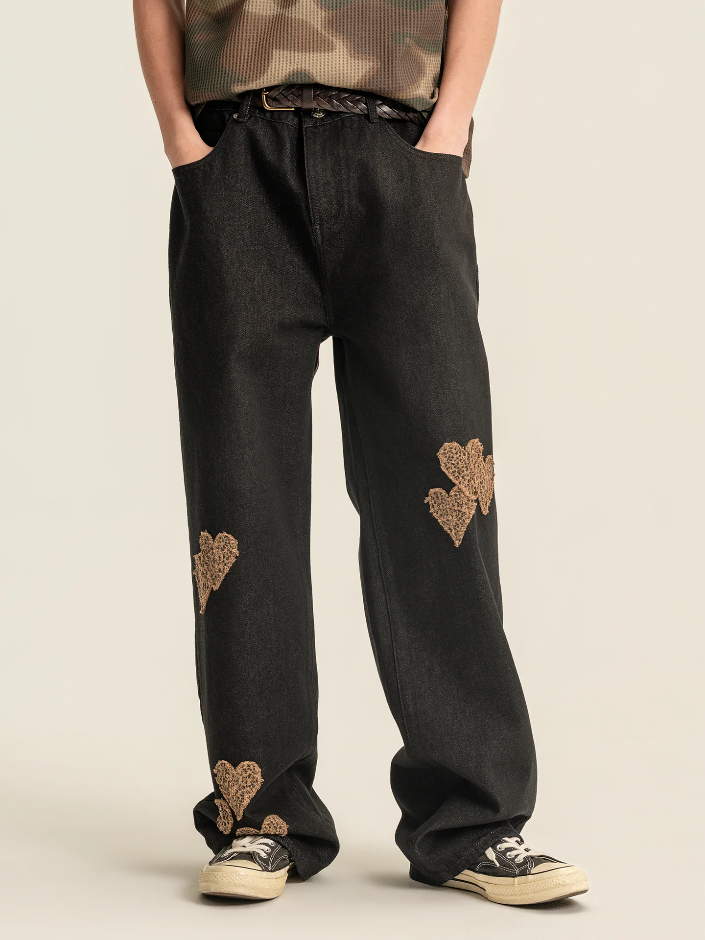 

Randomevent Patchwork Leopard Print Heart Original Color Denim Jeans Heavyweight Pure Cotton Bla Men's Straight Leg Jeans