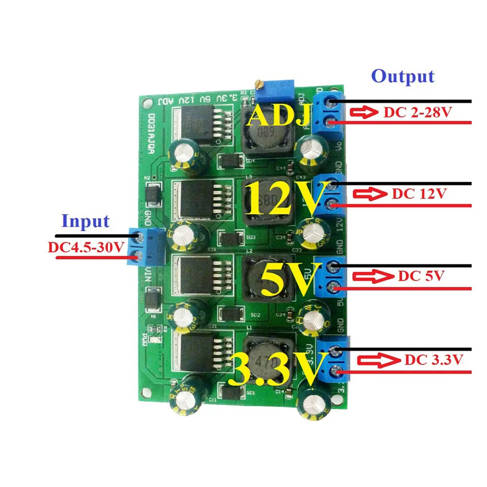 4 Channels Multiple Switching Step-Down Power Supply Module 3A 3.3V 5V 12V ADJ Adjustable Output DC-DC Buck Converter Board