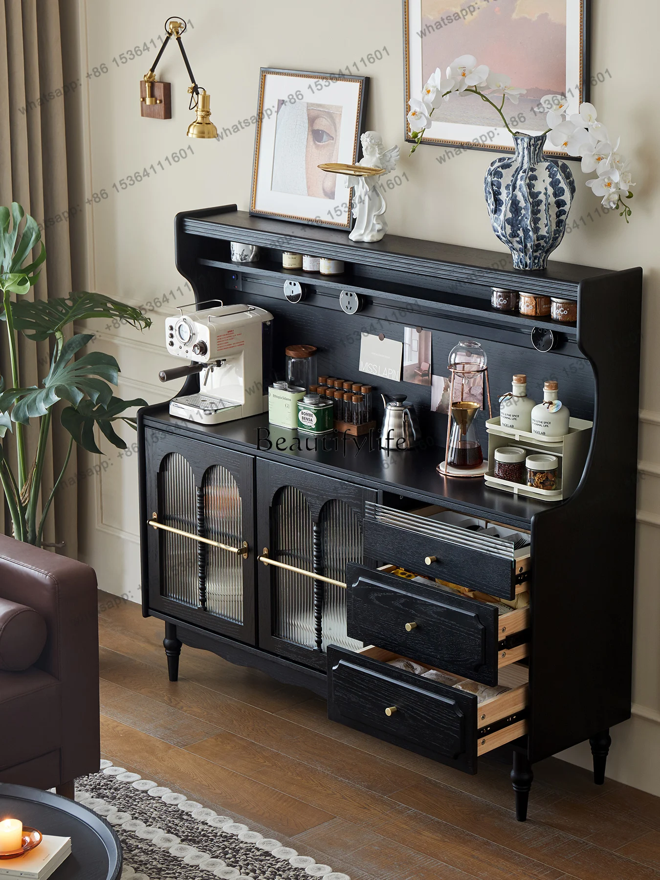 yj7 French retro solid wood dining side cabinet integrated against the wall living room kitchen storage cabinet tea side cabinet
