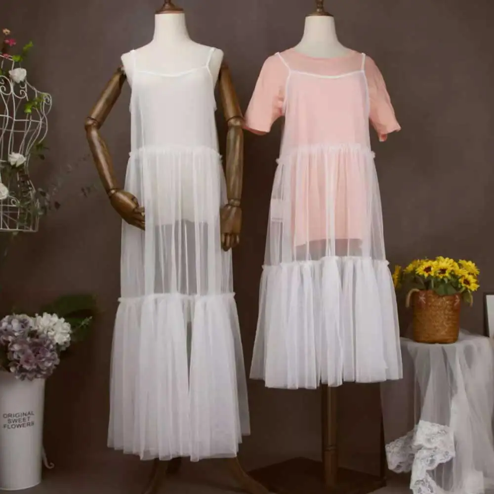 

Sexy See Through Mesh Spaghetti Strap Dress Women Korean Style Summer Sleeveless Ruffled Hem Cover Up Tutu Dresses