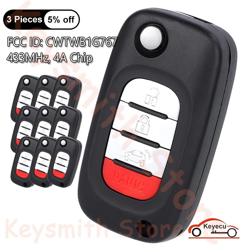 

KEYECU Pack of 10, 4 Buttons 433MHz 4A Chip for Mercedes Benz Smart Fortwo 453 Forfour 2015-2017 Flip Remote Key Fob CWTWB1G767