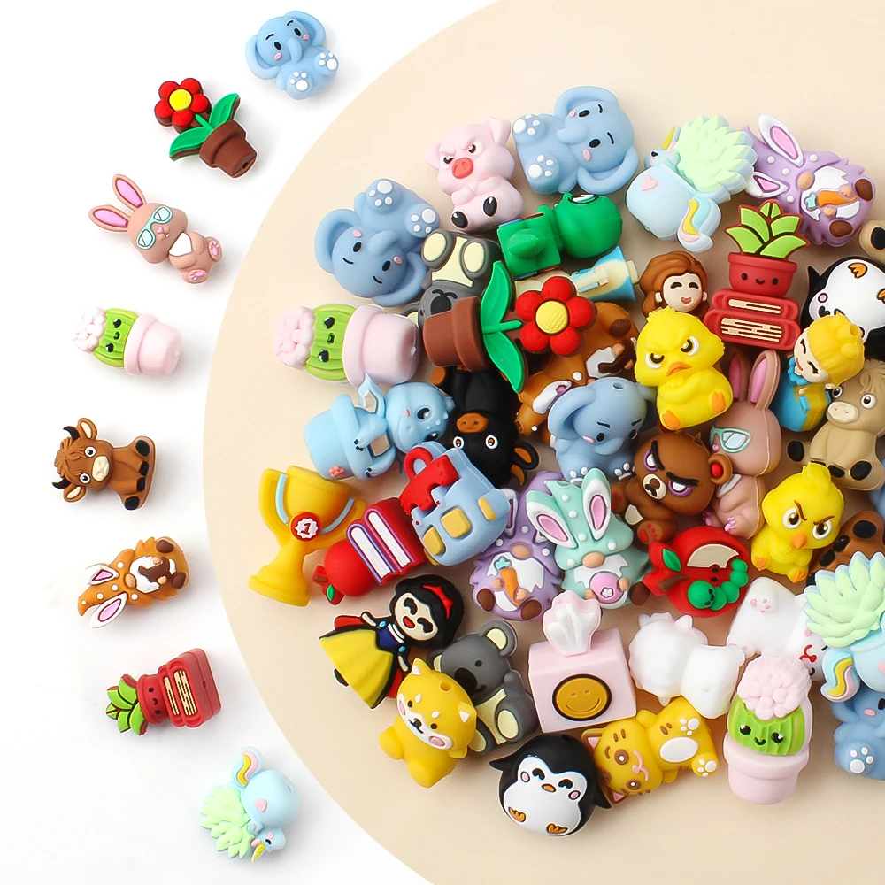 3/6/10PCS 3D Silicone Beads Cartoon Animal Cow Elephant Focal Beads For Pens Jewelry Keychains Hanging Craft Gift Beads