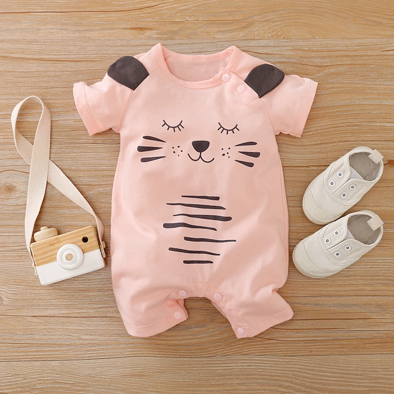 0-18 Baby Jumpsuit Cute Cartoon Cat Printed Cotton Casual And Comfortable Soft Boy And Girl Summer Short Sleeved Newborn Clothes