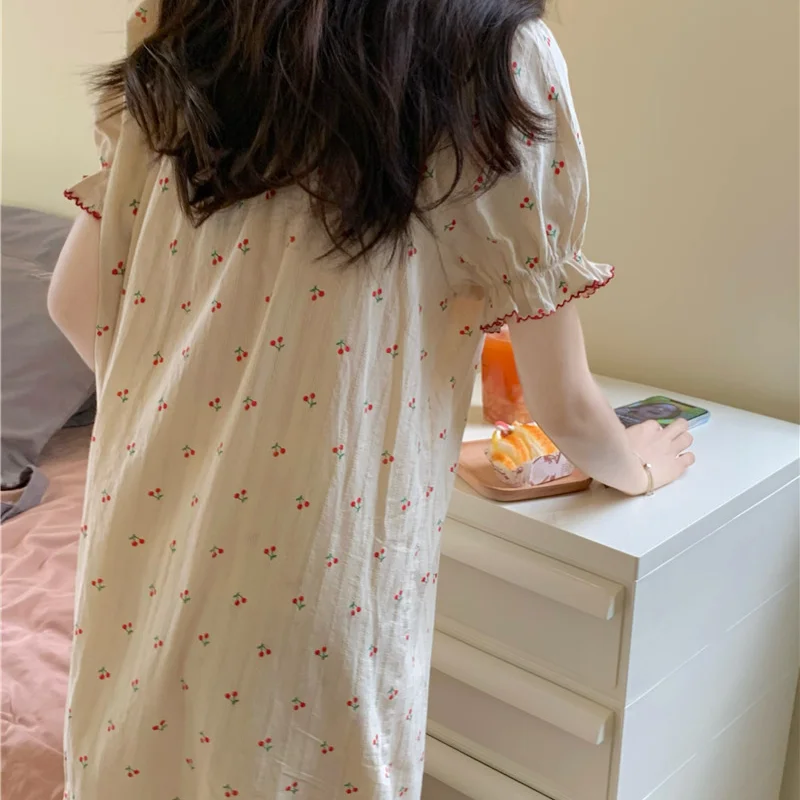 Cherry Nightgown Sleepwear Women Korean Summer One Piece Pajamas Dress Ruffle Short Sleeve Cute Night Sleeping Bow Home Wear New