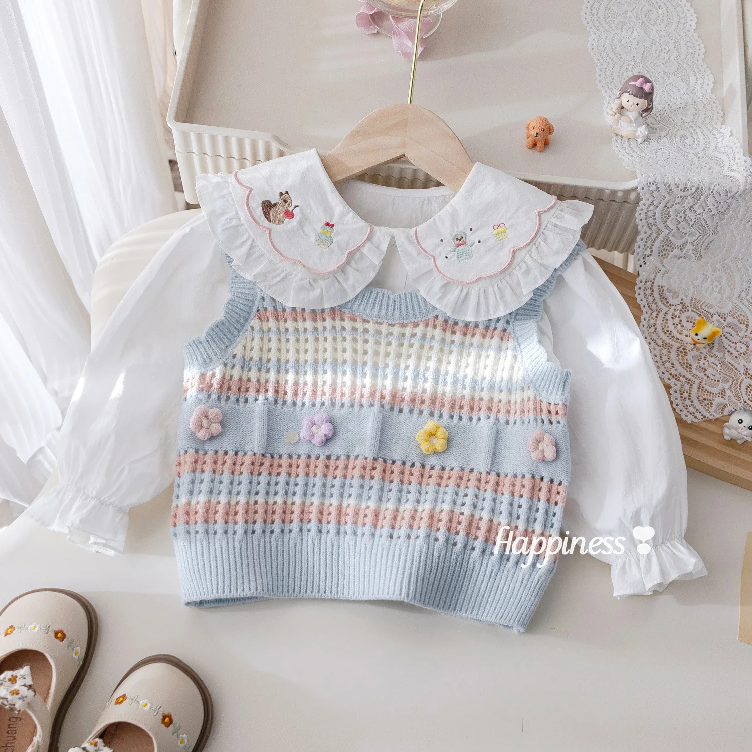

Girl's Spring and Autumn New Top Two Piece Cute Cartoon Embroidered Lace Shirt Baby Girl Autumn Sweet Shirt