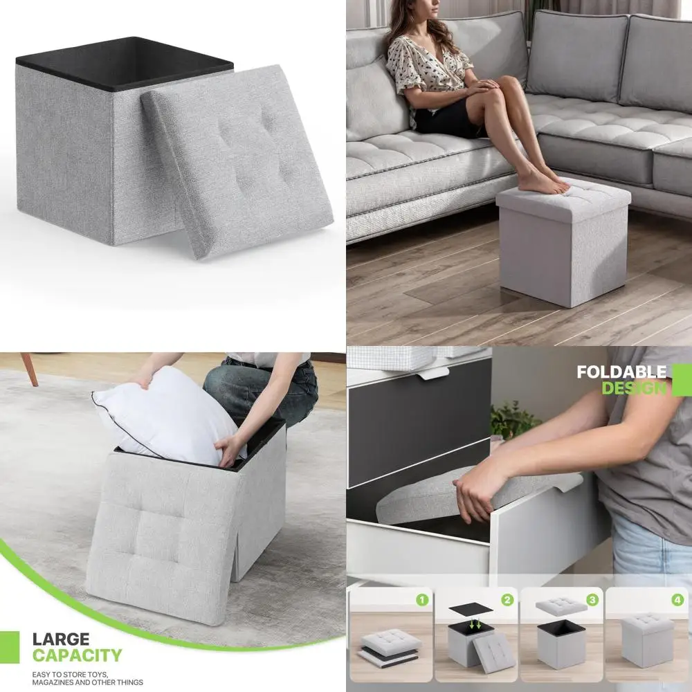 مكعب عثماني للتخزين قابل للطي مقاس 15 بوصة، مقعد مسند للقدمين صغير مع مساحة تخزين لغرف النوم وأماكن المعيشة