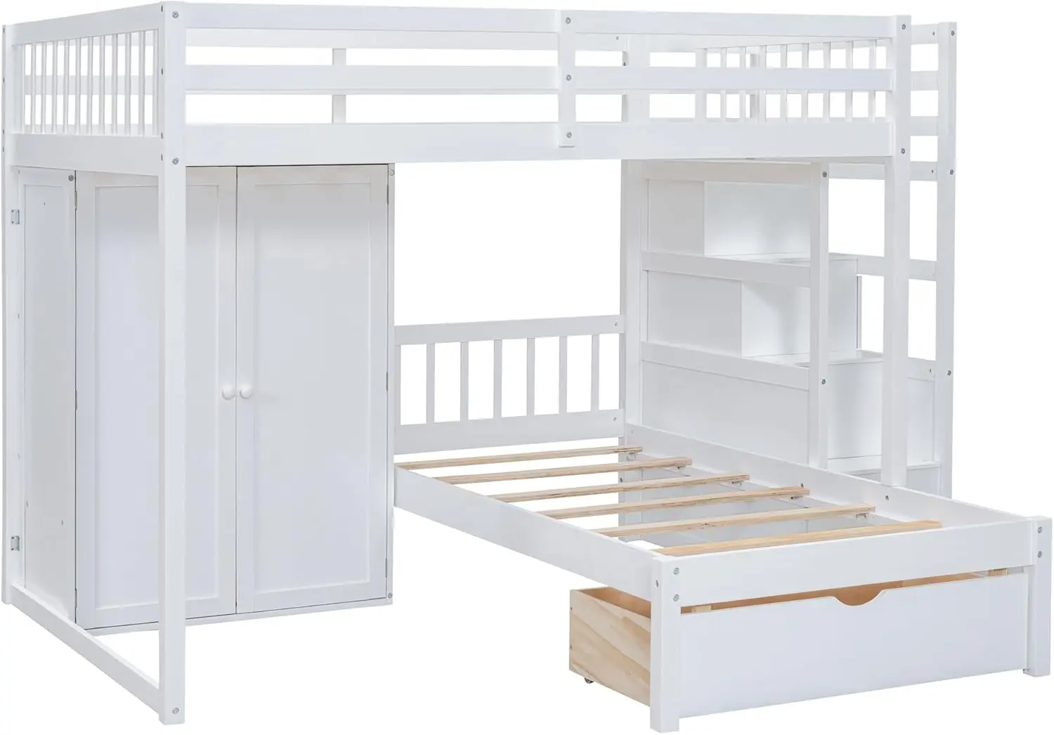 سرير مزدوج بطابقين بتصميم مشرق من الكاري ، أبيض ، كامل ، سلالم وخزانة ملابس ، سرير خشبي بطابقين مع أدراج تخزين ، سرير أطفال