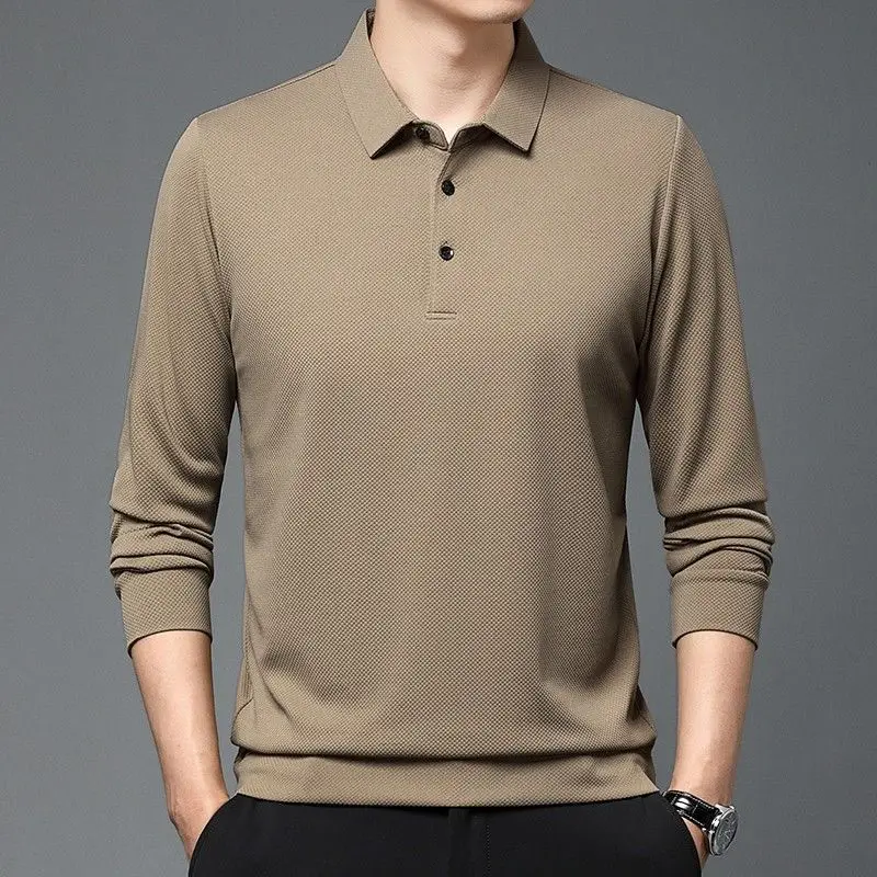 Spring Men Thin Solid Waffle Patchwork Long Sleeve Polo Shirts T-shirt Lapel Button Korean Fashion Loose Casual Versatile Top