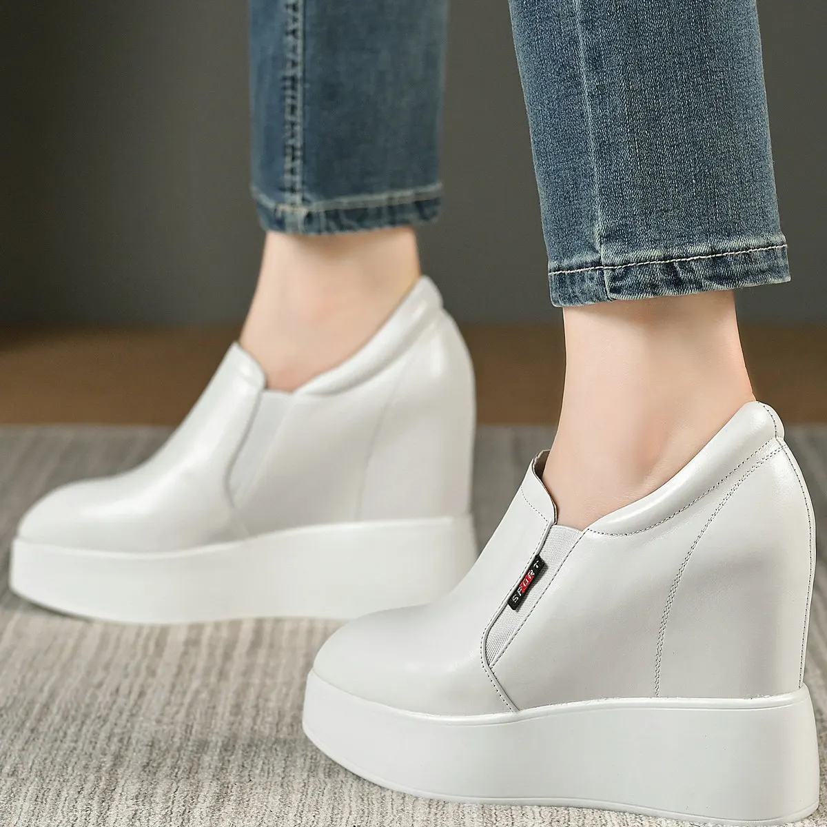 Wedges Pumps Shoes Women Slip On Genuine Leather High Heel Platform Ankle Boots Female Pointed Toe Fashion Sneakers Casual Shoes